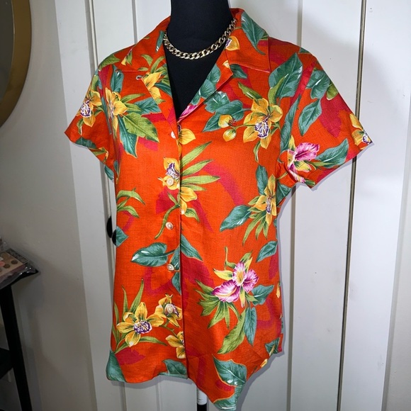 VINTAGE 100% Linen Lauren Ralph Lauren Vibrant Floral Button-Up Shirt - Picture 3 of 7